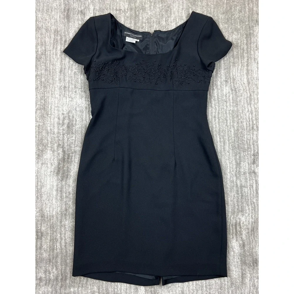 Donna Morgan Dress Womens 6P Black Sheath Short Sleeve Beaded Soutache Vintage‎